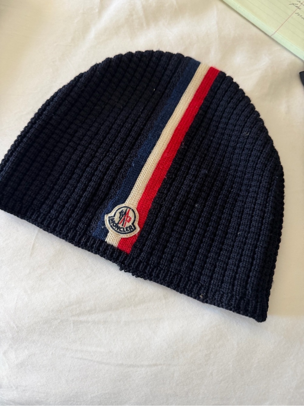 Moncler Kids Navy Beanie with Red and Cream Trim